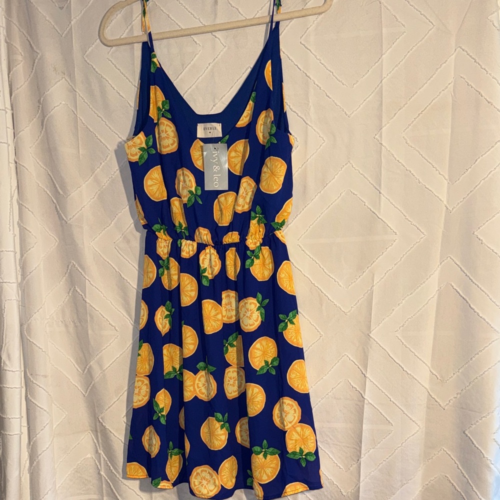 Everly Blue and Yellow Lemon Citrus Print Midi Dress